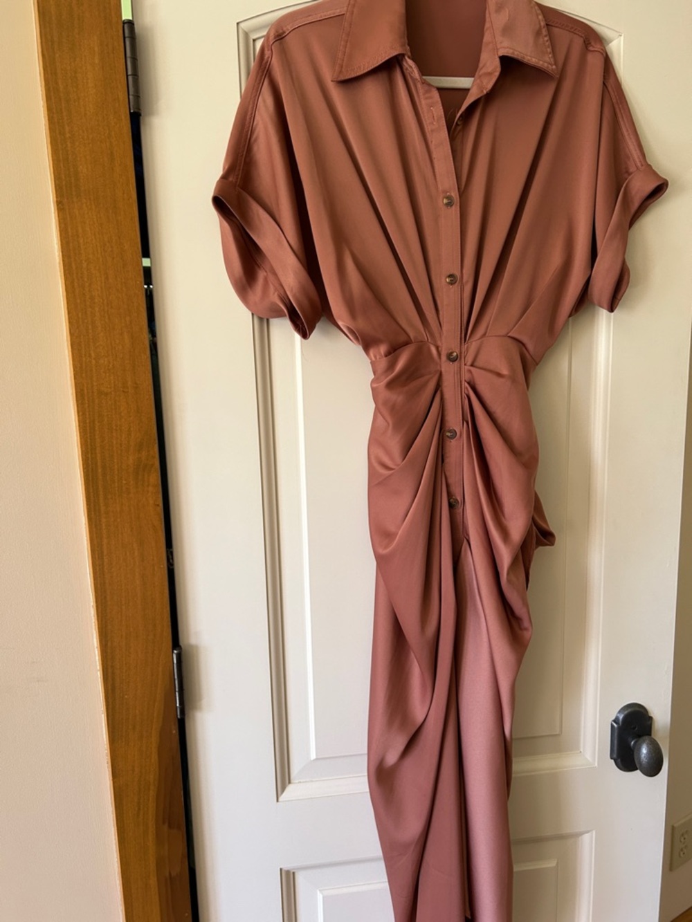 Mable Knot-Front Midi Shirt Dress in Shimmery Brownish Rose Glow